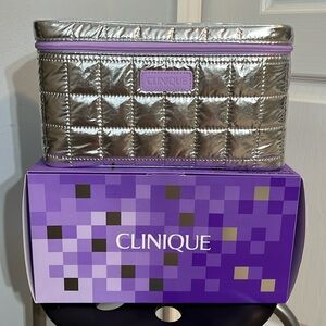 NEW Clinique Quilted Silver Metallic Overnight Train Case